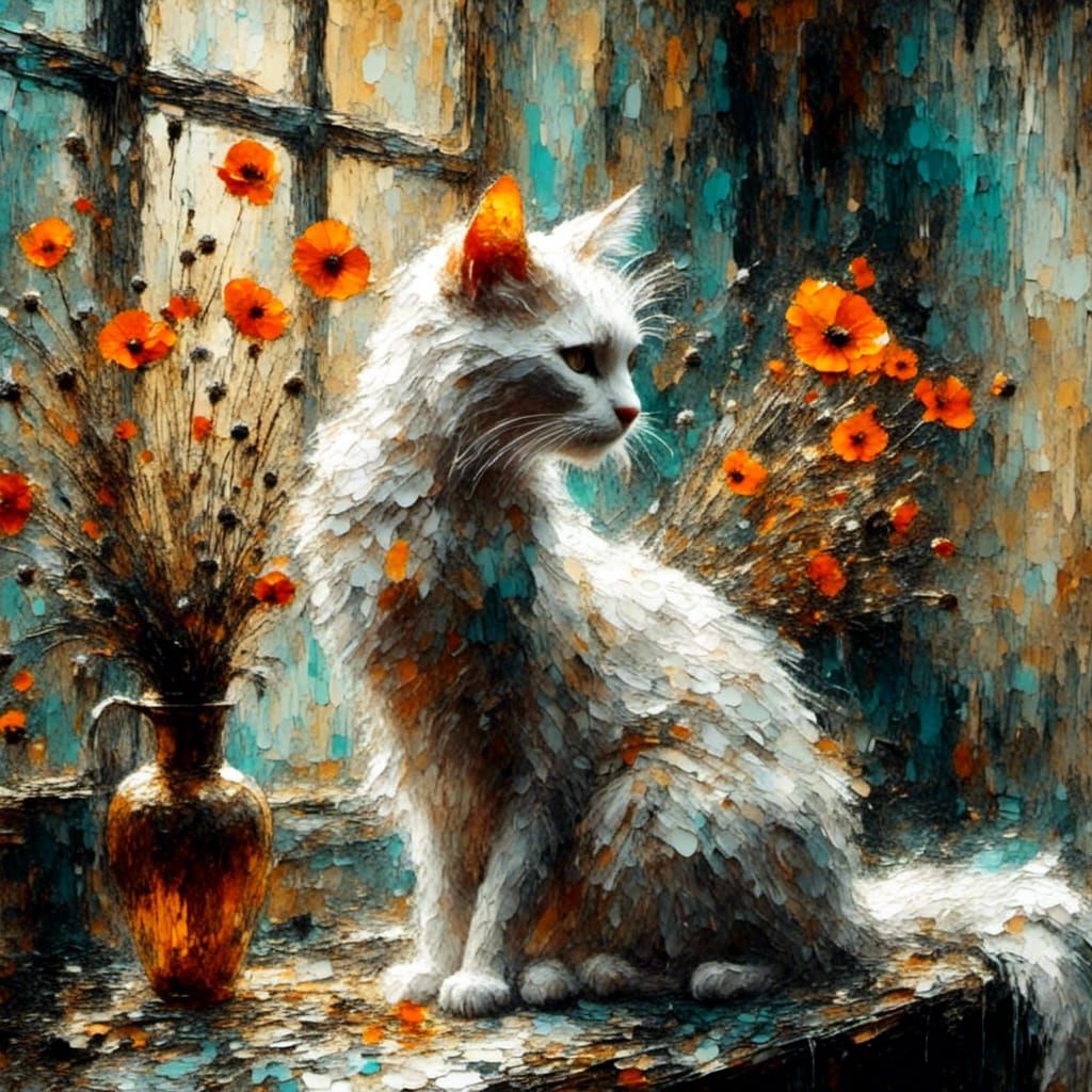 Whimsical White Cat Overlooking Beach as Impasto Painting