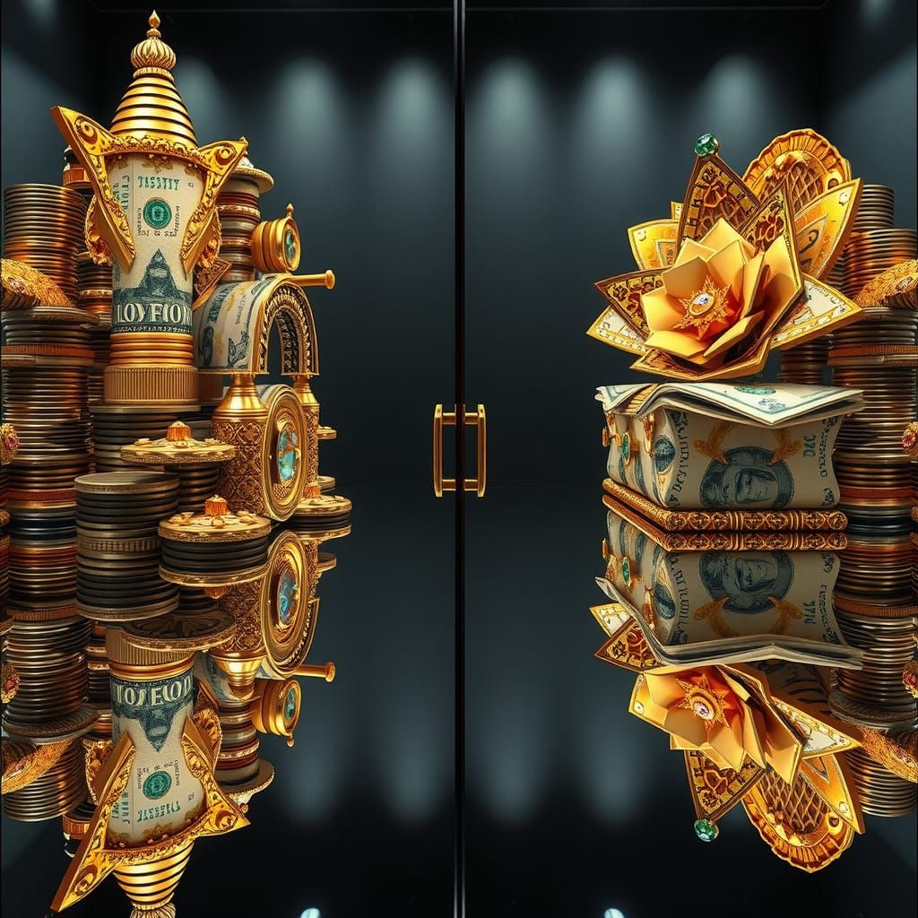 Luxury Art Installation: Money, Gems, and Mirror Reflection