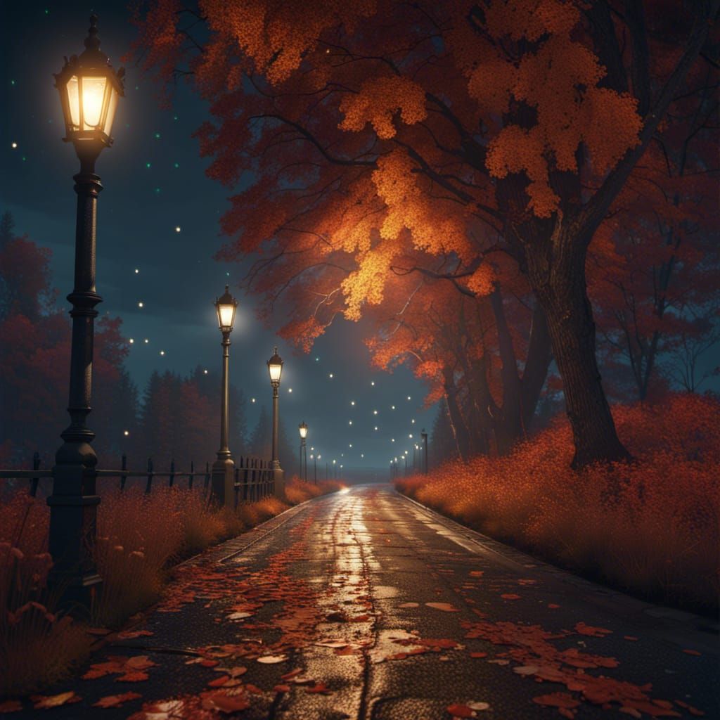 Autumn Road at Night: Detailed Matte Painting