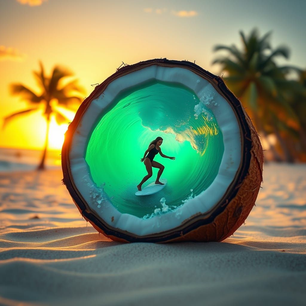 Surreal Sunset Surfing Scene with Turquoise Wave and Palm Tr...