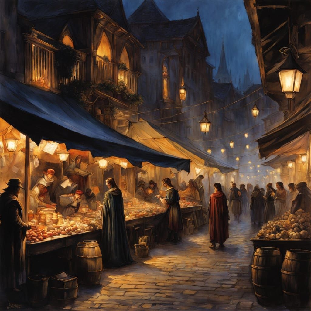 Moonlit Marketplace in Fantasy Medieval Style