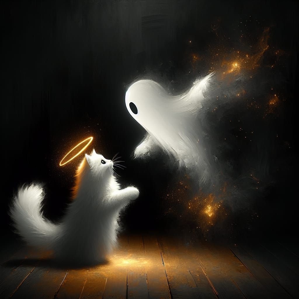 Charming Ghost and Cat Play in Dark Room