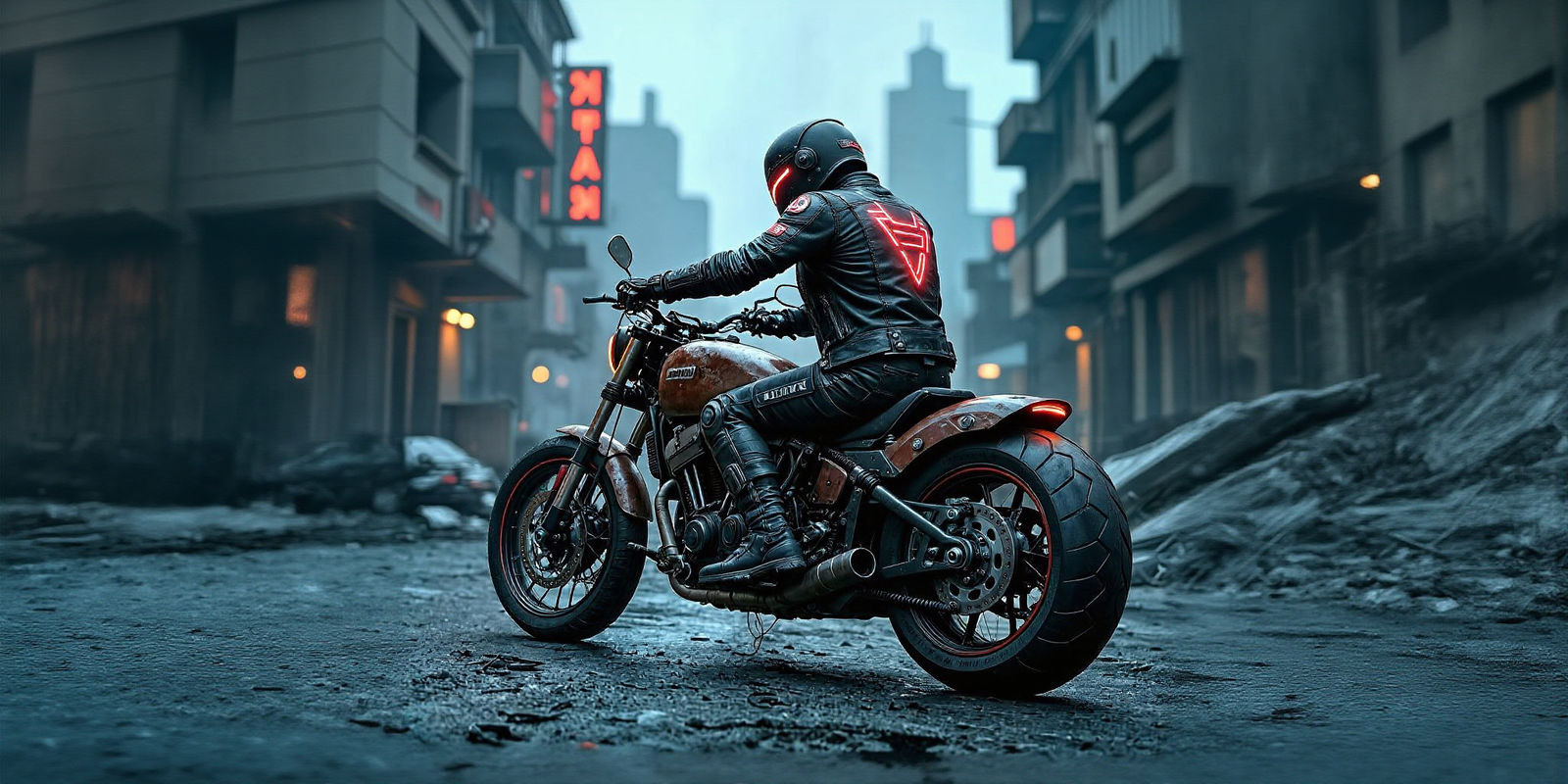 Cybernetic Biker Rides Through Ruined City