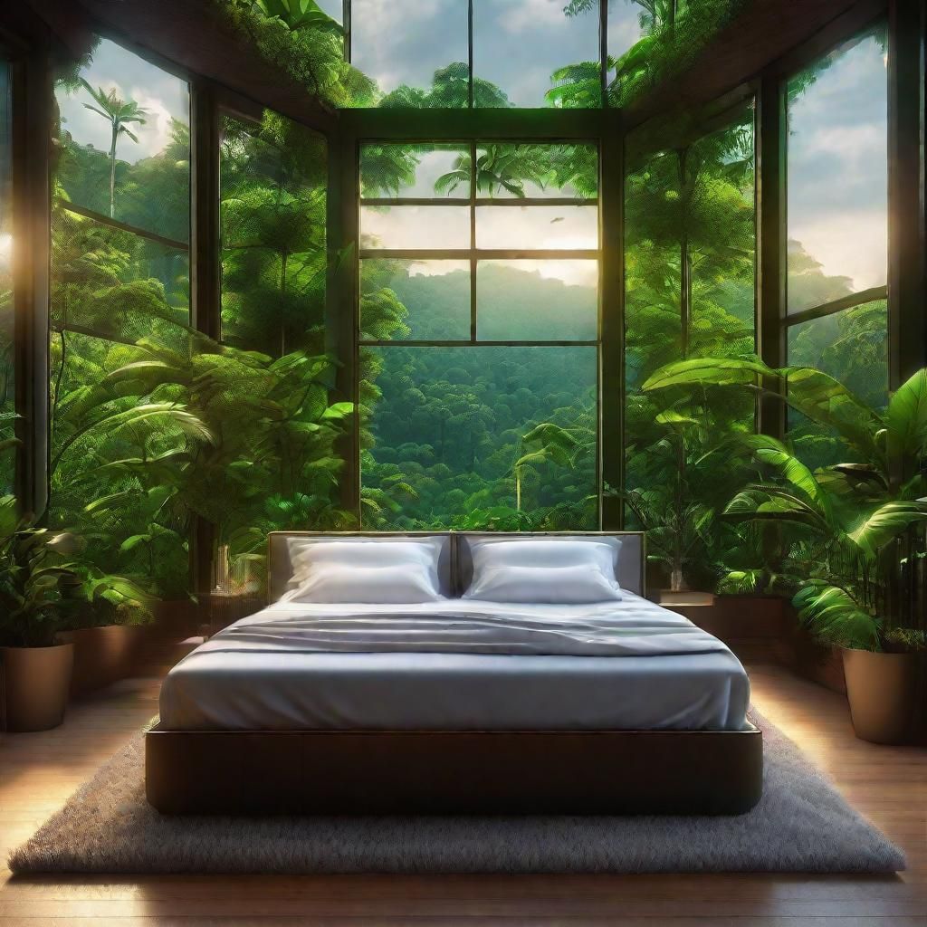 Amazon Rainforest Bedroom in Hyperrealistic Macro Photograph...