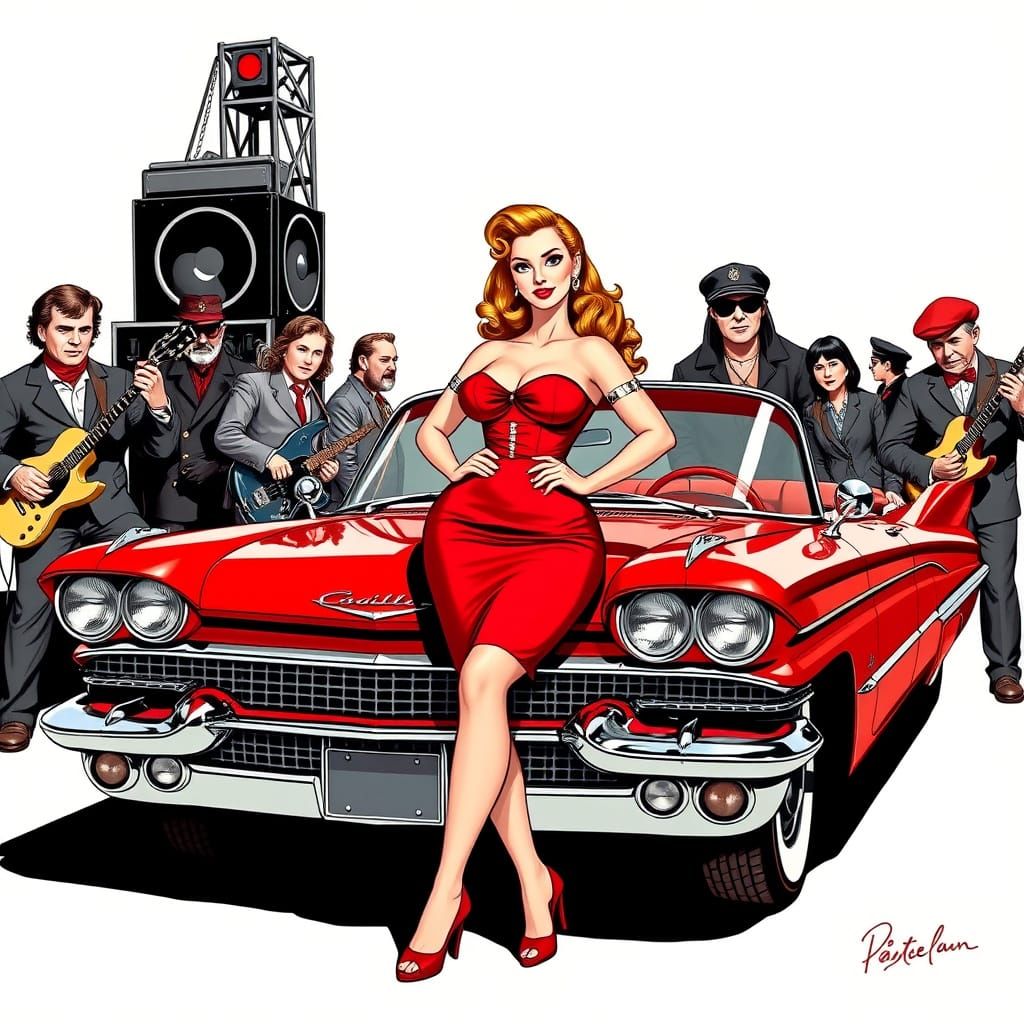 Pin-Up Girl with 1959 Cadillac in Comic Book Style
