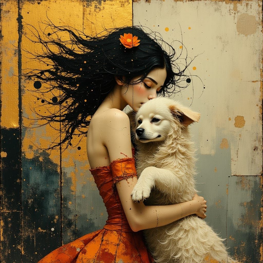 Elegant Woman with Dog in Windy Portrait