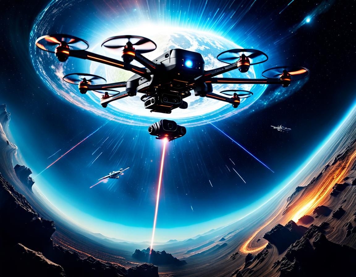 Drone Flies in Sci-Fi Space with Black Hole