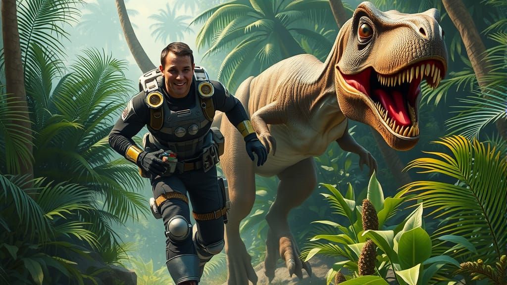 Man Running From Velociraptor in Retro Sci-Fi Style