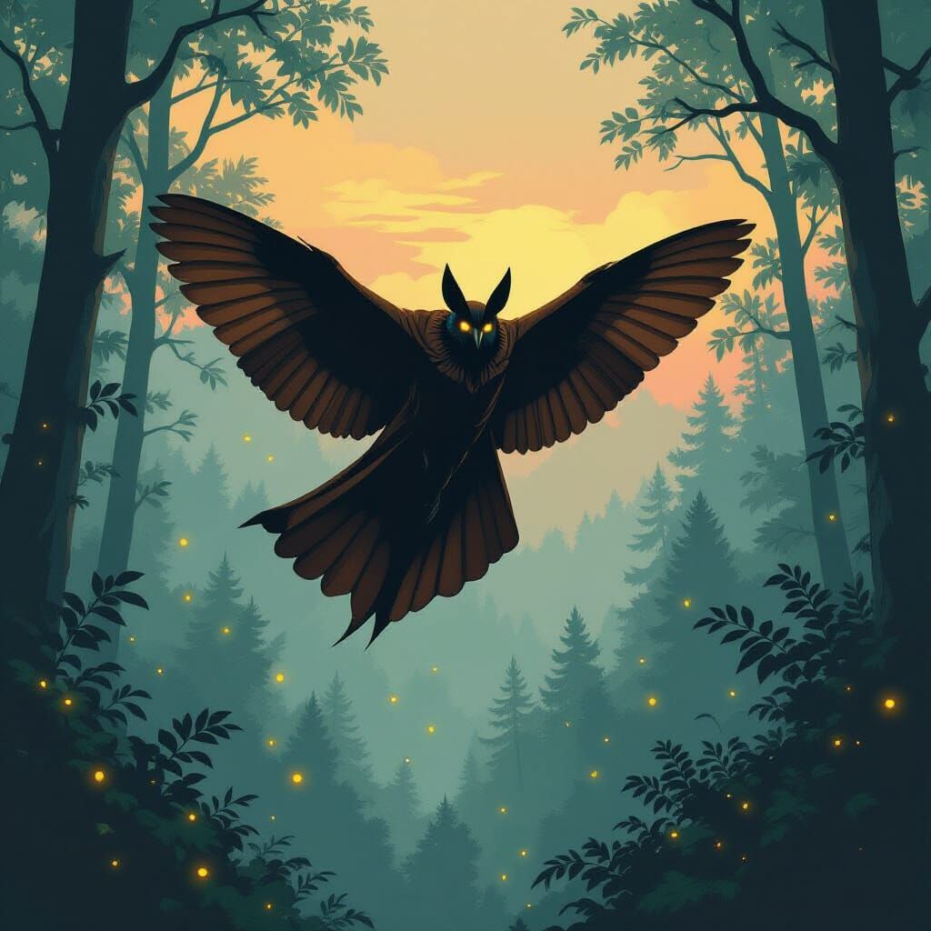 Mothman Soaring Over Misty Forest, Atmospheric Landscape