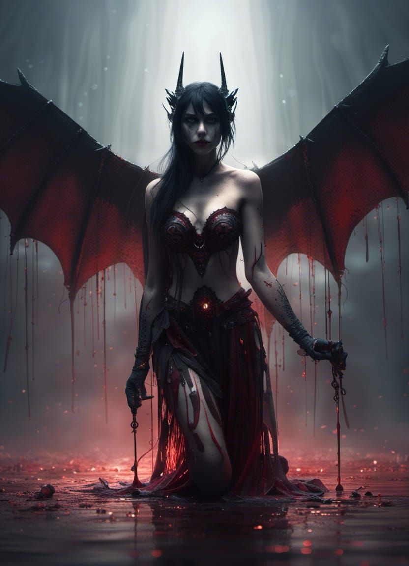 Mystical Winged Woman in Blood Pool: Fantasy Art