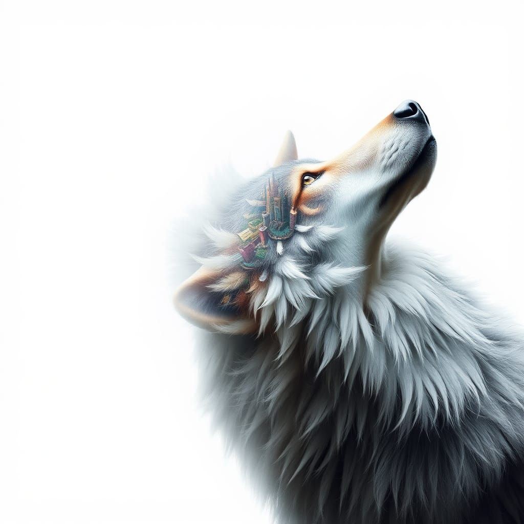 Wolf Head with Surreal Cityscape in Dreamy Style
