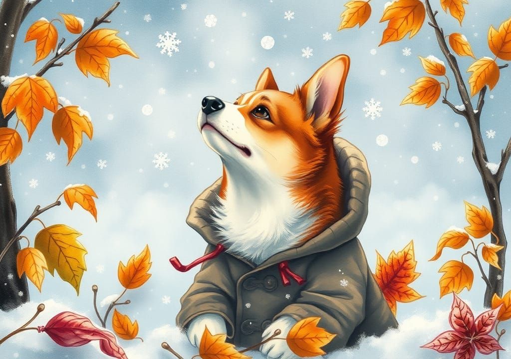 Corgi's Winter Wonder: Watercolor and Ink Illustration