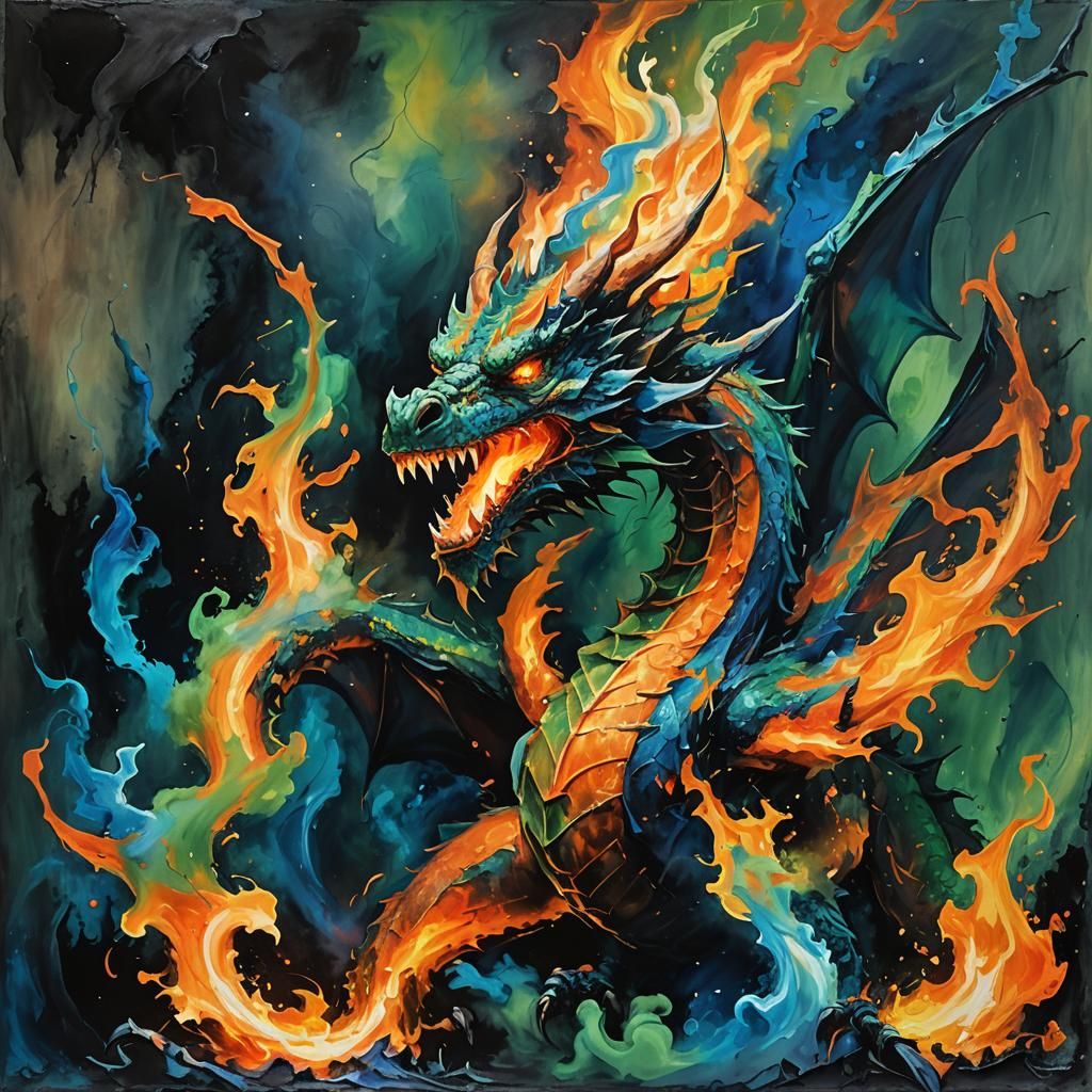 Dragon Breathing Fire in Abstract Expressionism Style