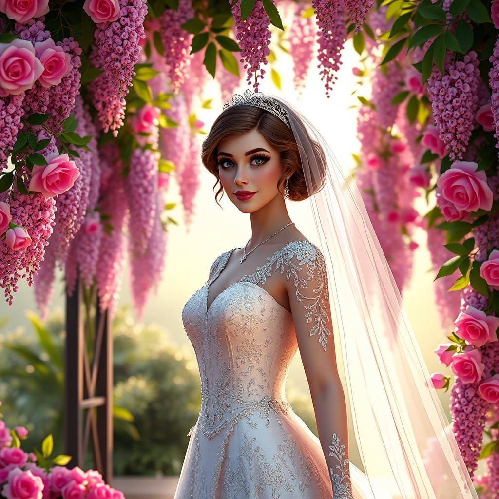 Elegant 1920s Bride Poses Under Vibrant Wisteria and Pink Ro...