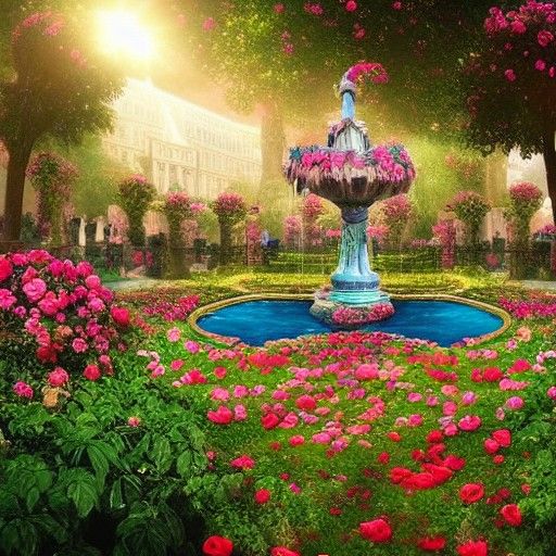 Rose-Filled Palace Garden with Fountain