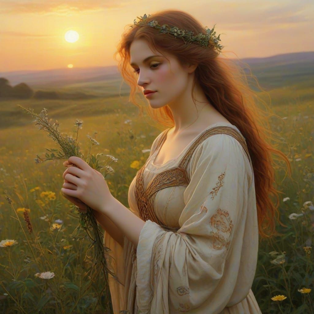 Isolde Gathering Herbs at Sunset