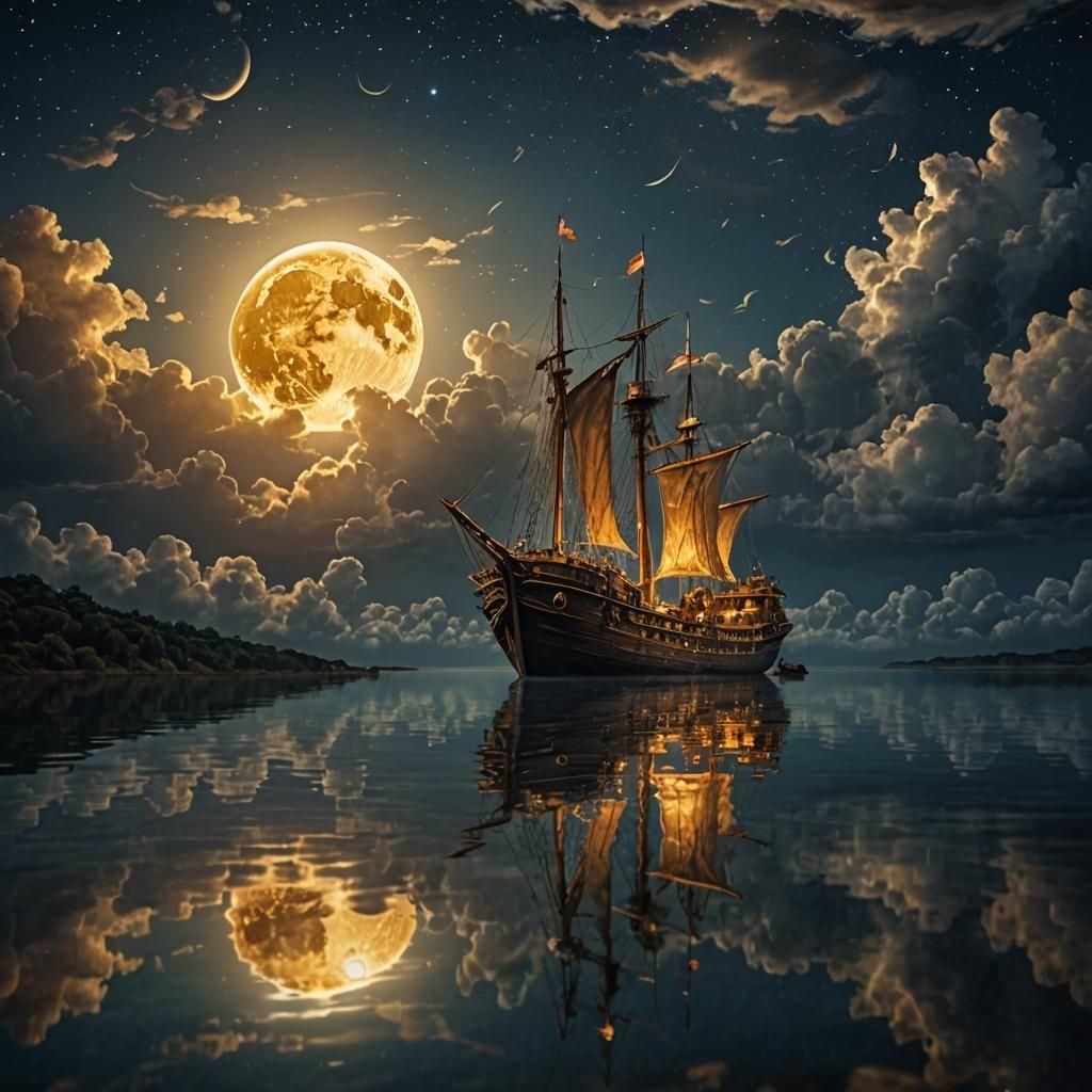 Magical moonlight, sea, sailing ship.