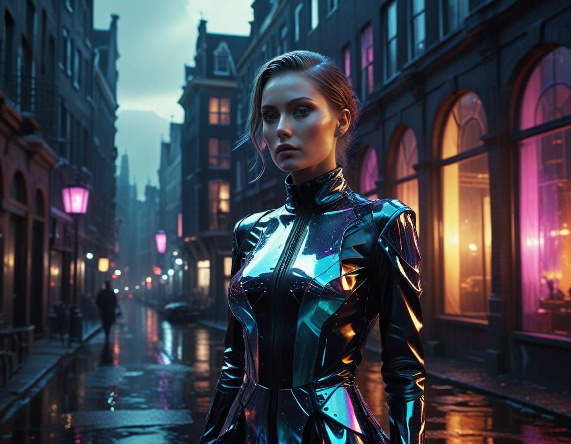 Luxury Fashion Icon in a Dystopian Cityscape Prism Effect