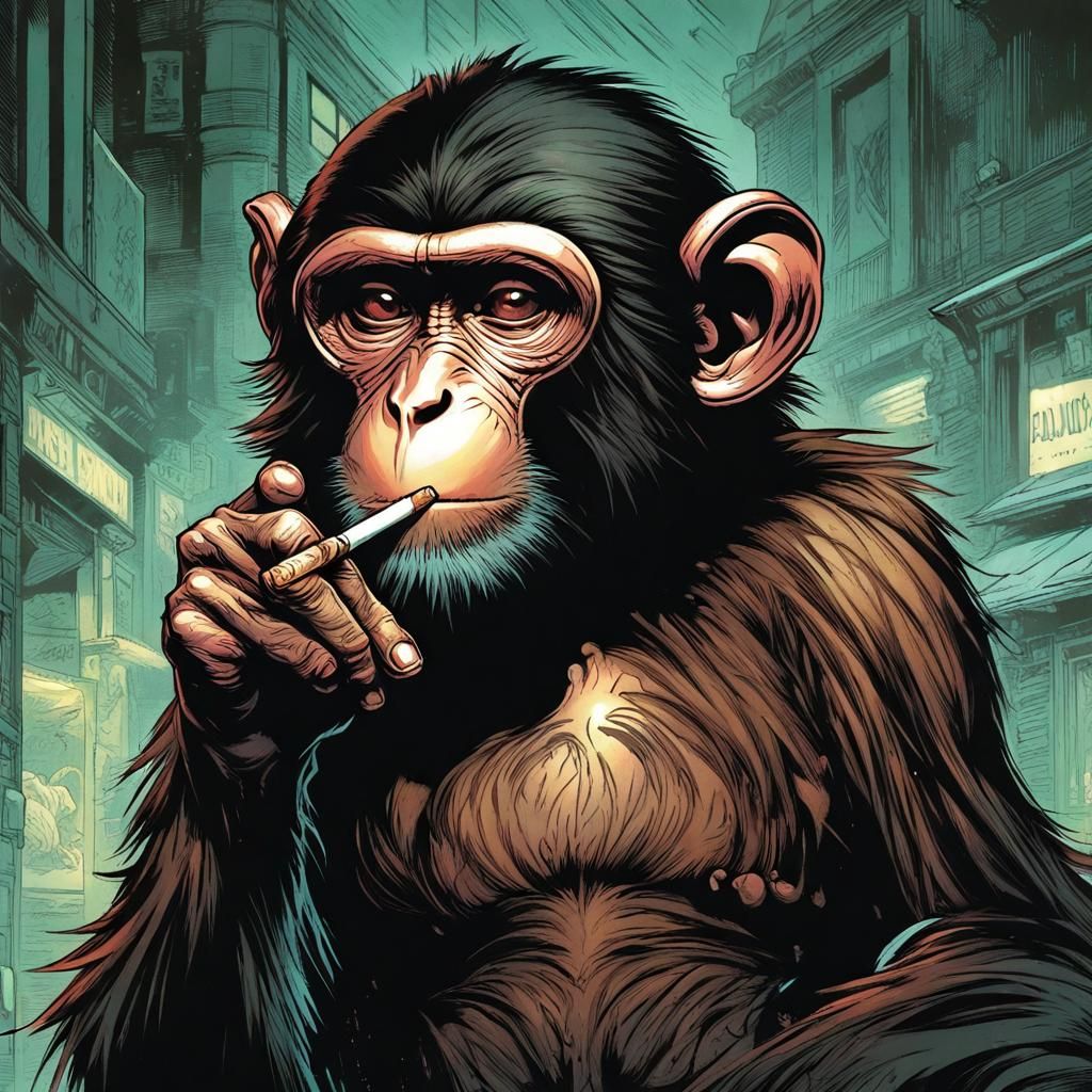 Monkey Smoking Cigarette in Comic Book Art