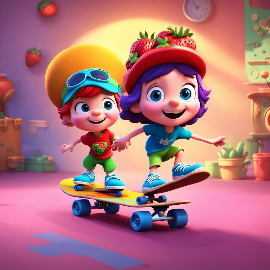 Strawberry Shortcake Teaches Son to Skateboard: 3D Art