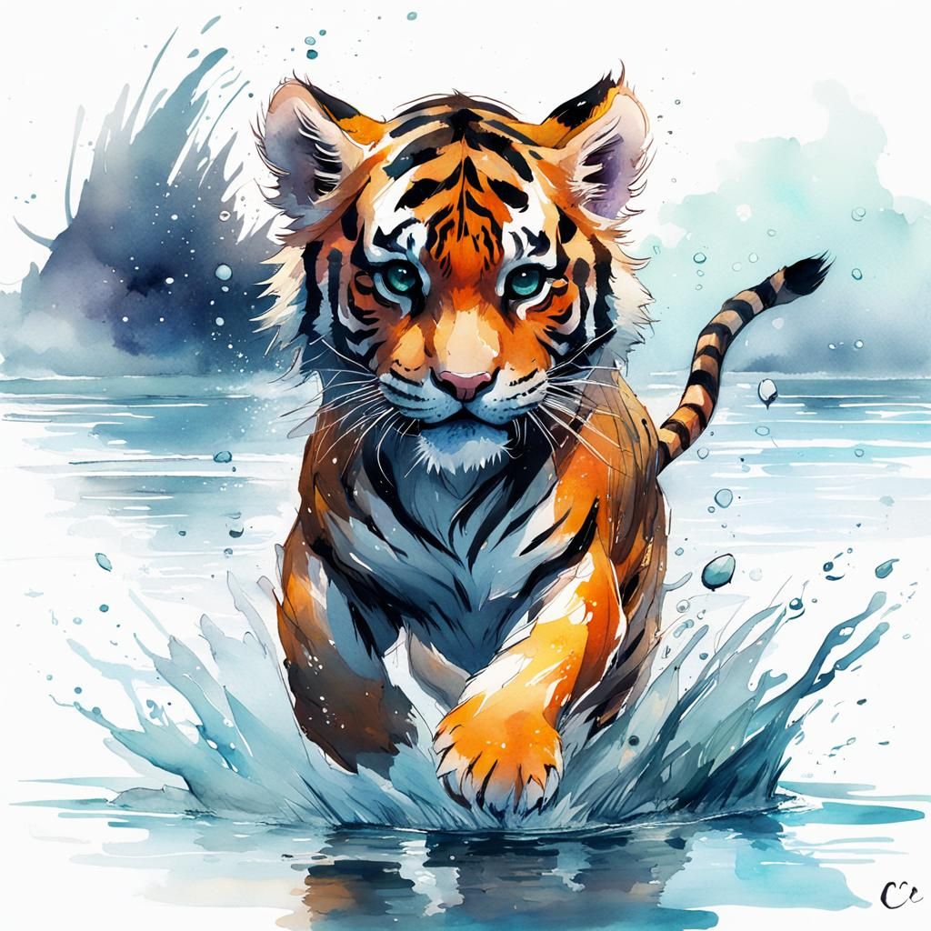 Cute Chibi Tiger in Sci-Fi Watercolor World