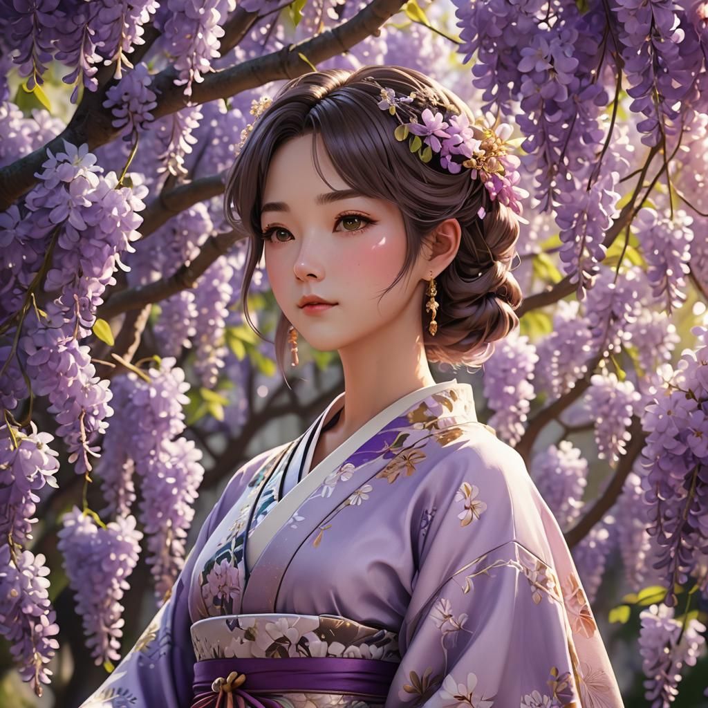 Elegant Woman in Wisteria Forest: 3D Anime Art