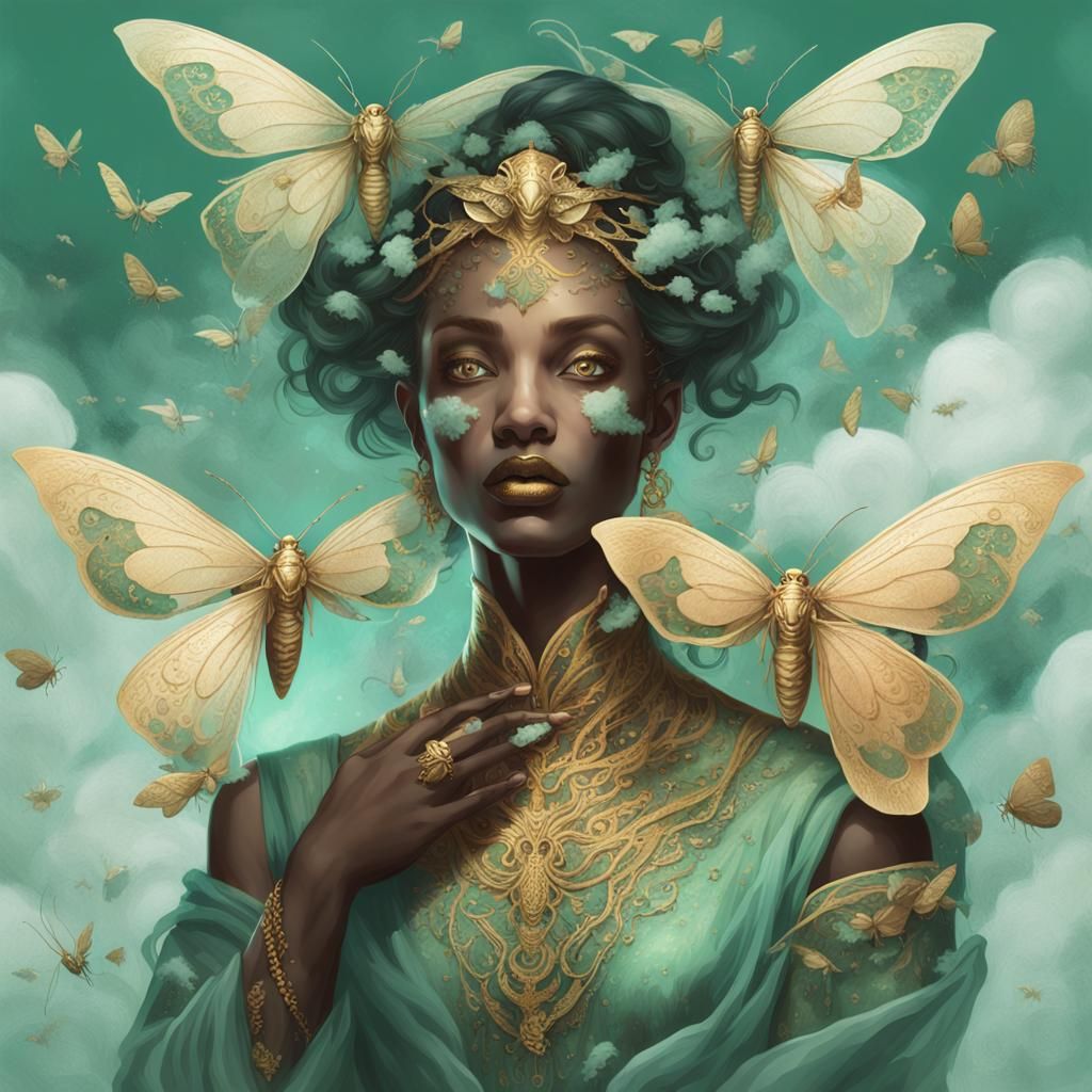 Moth Woman Devouring Arm in Opulent Attire