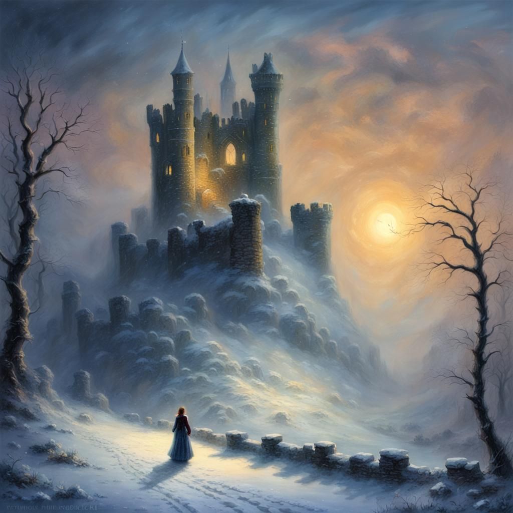Ethereal Woman Finds Ruined Castle in Snowy Landscape