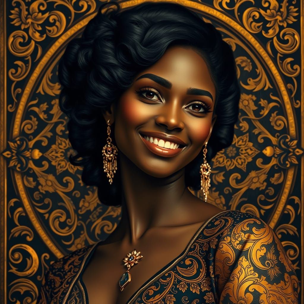 Opulent Portrait of Smiling Woman in Art Nouveau Style