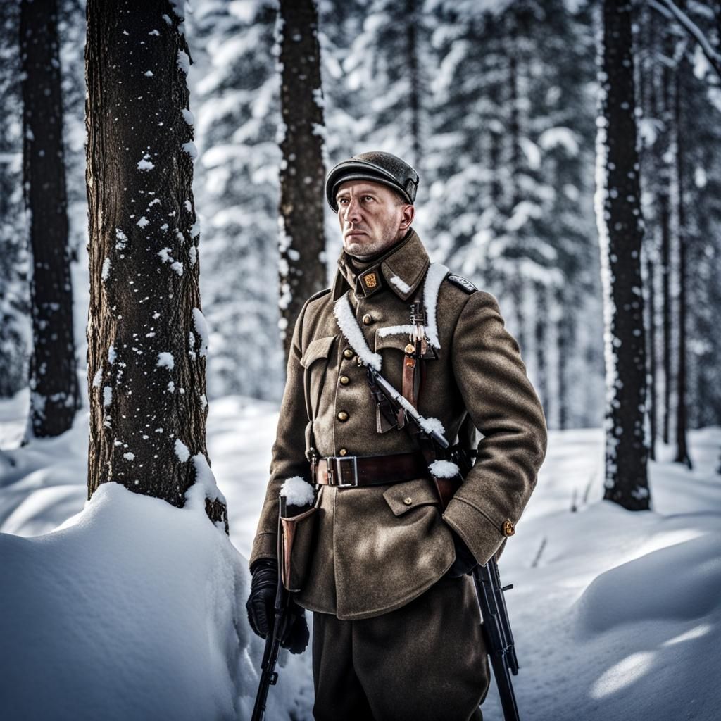 Finnish Soldier in Winter Landscape: Hyperrealistic Image