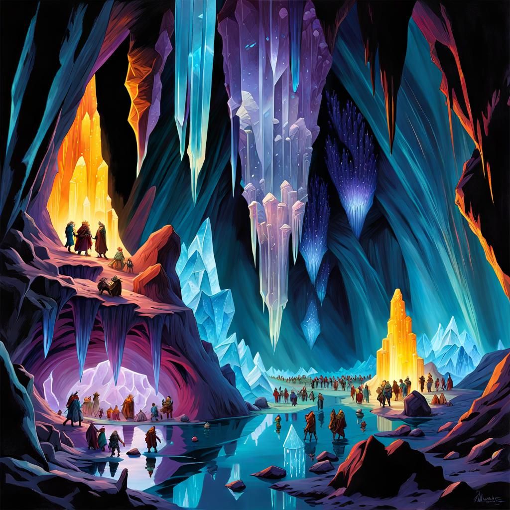 Dwarves Mining Bioluminescent Crystals in Glacier Cave