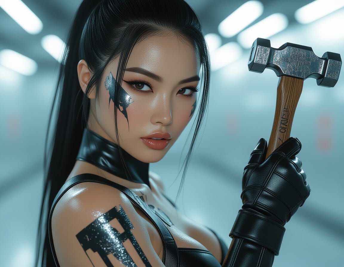 Photorealistic Asian Woman with Industrial Hammer Paint Deta...