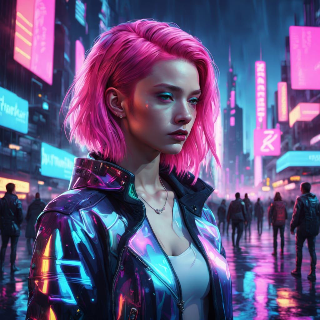 Futuristic Pink-Haired Woman in Neon Cityscape