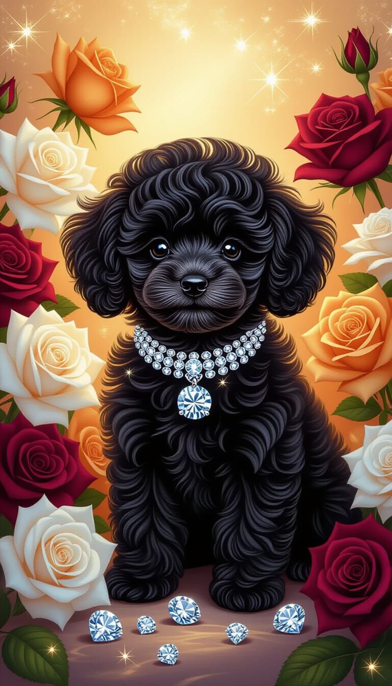 Black Puppy With Diamond Collar Among Roses