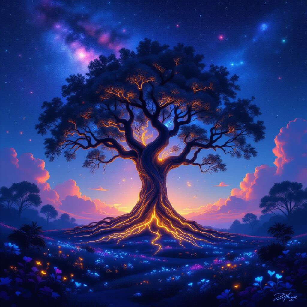 Ancient Tree with Ethereal Roots in Cosmic Nebula