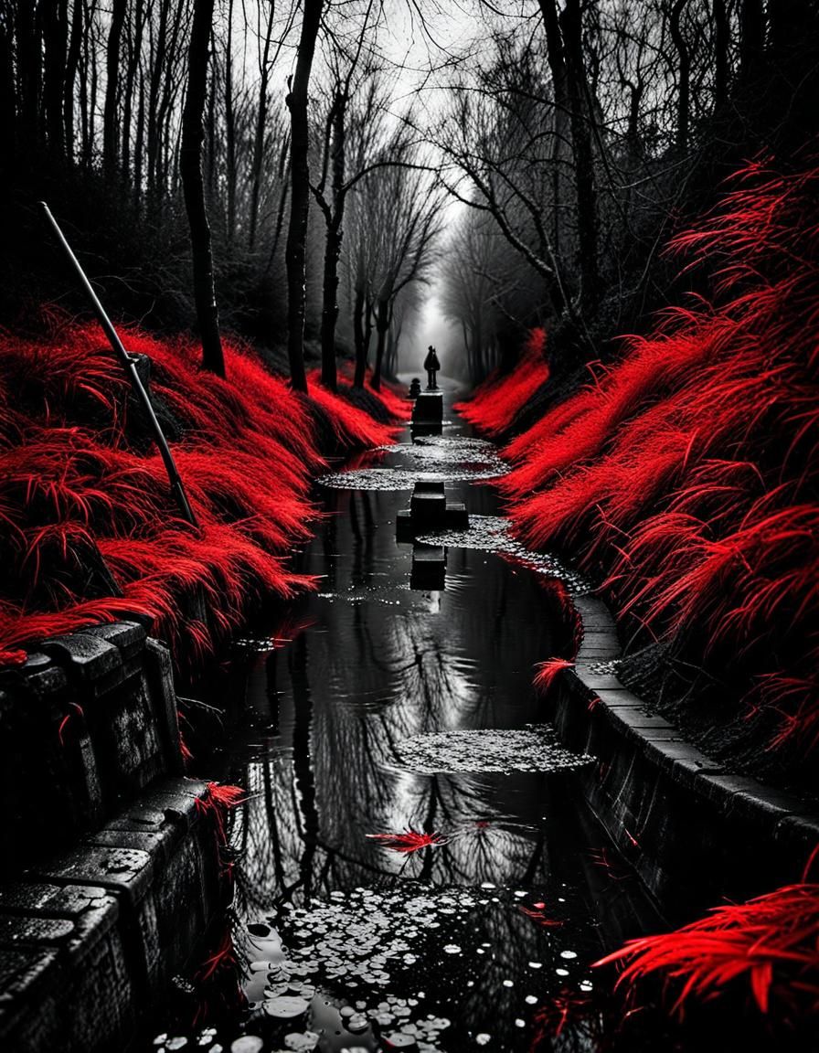 Sewer in Black and White Photo Retouched in Red