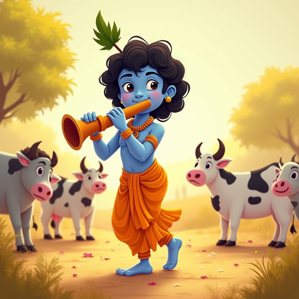 Krishna with Flute and Friends in Cartoon Style