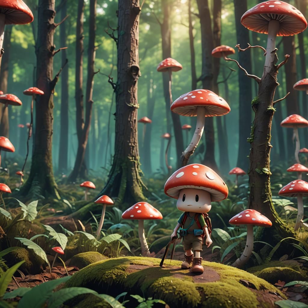 Chibi Mushroom Walker in Vibrant 3D Forest