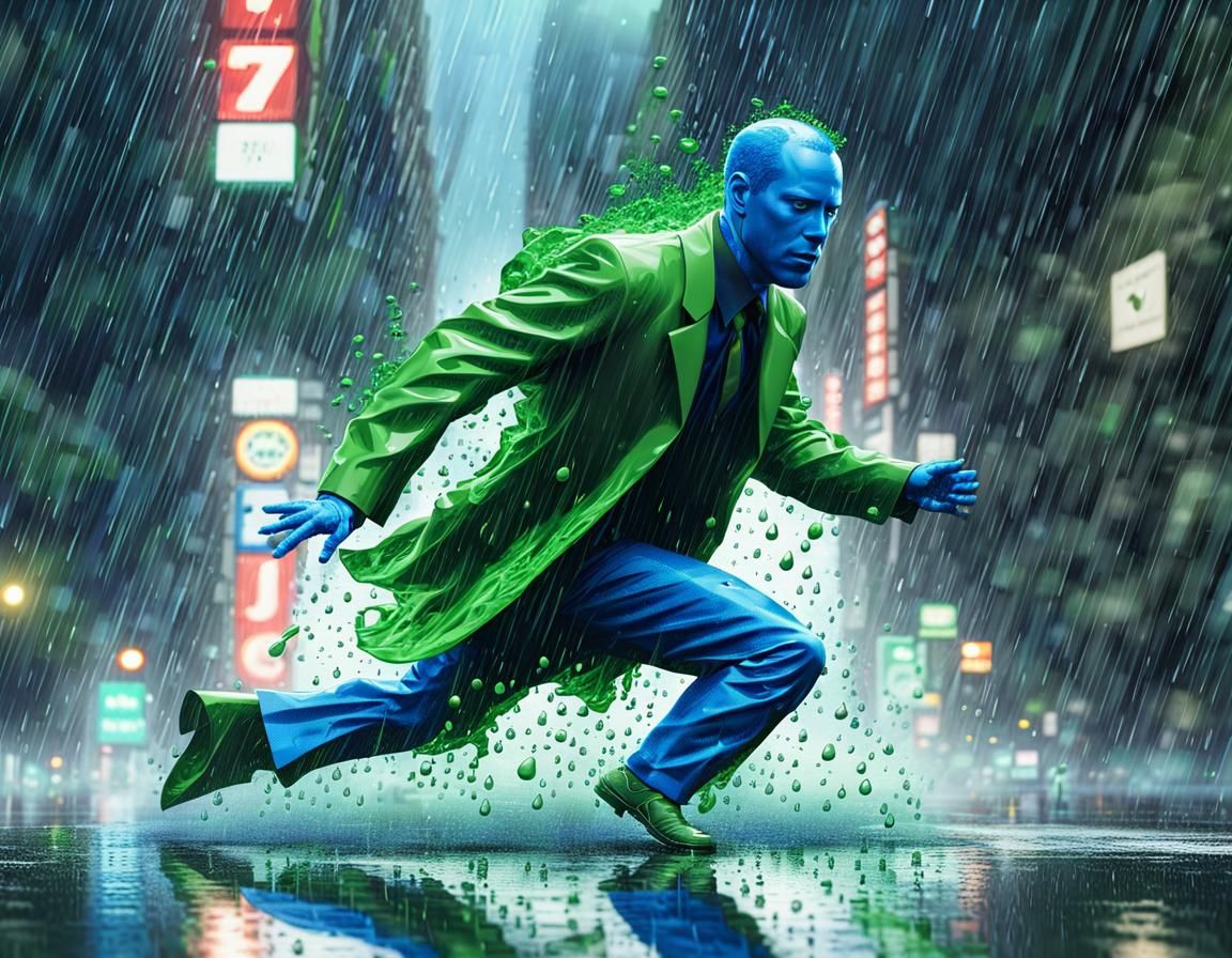 Blue Man Running in Rain as 3D Digital Art