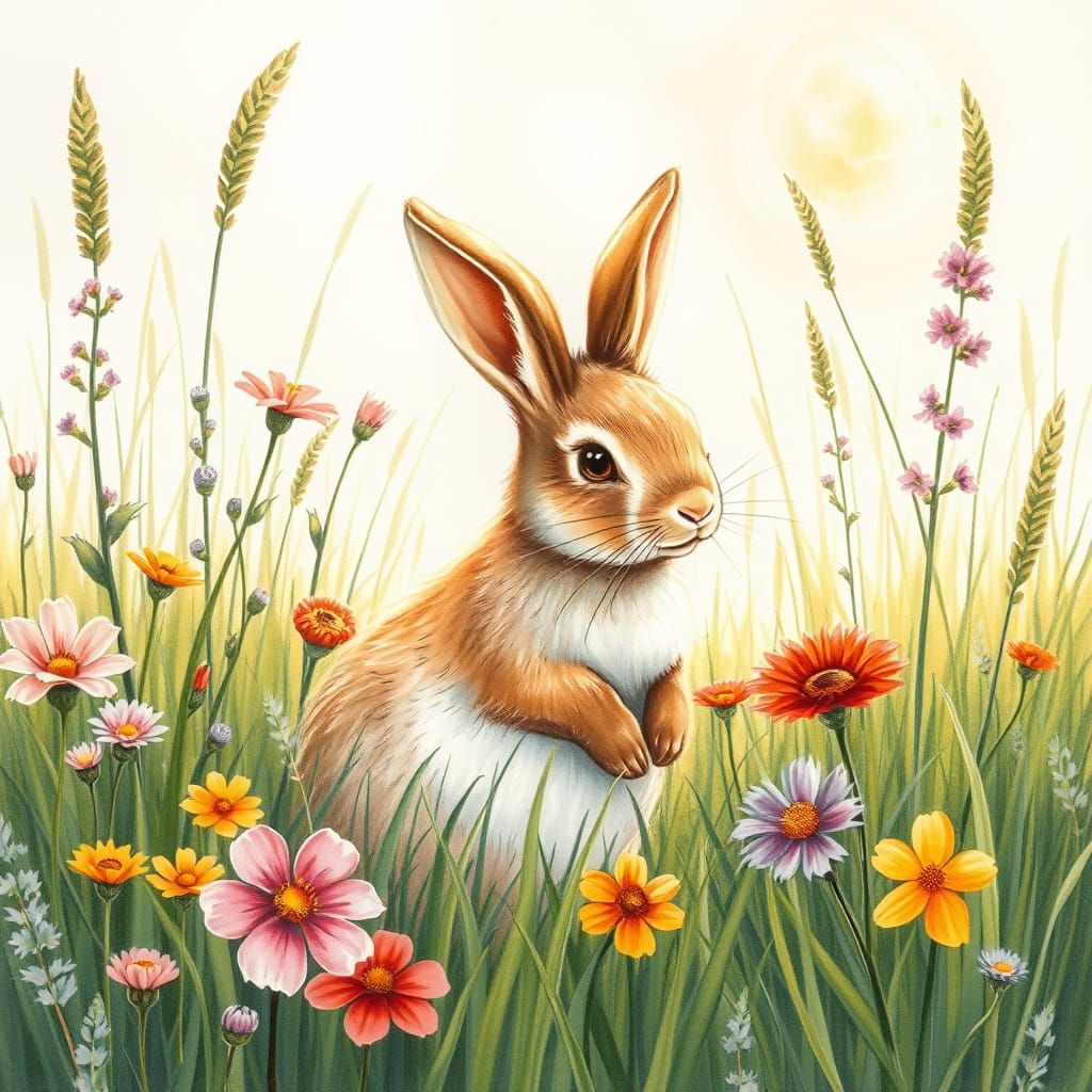 Whimsical Rabbit in a Vibrant Meadow