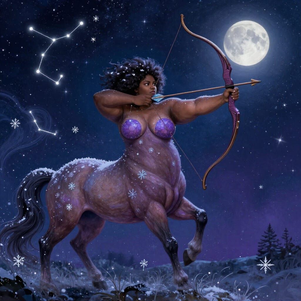 Afro Sagittarius Centaur Aims Bow at Starry Night Sky