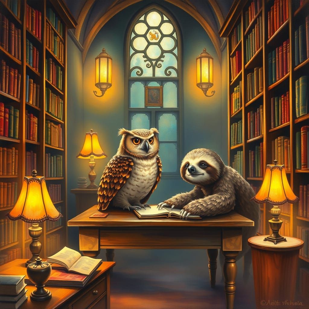 Mystical Library Scene with Owl and Sloth