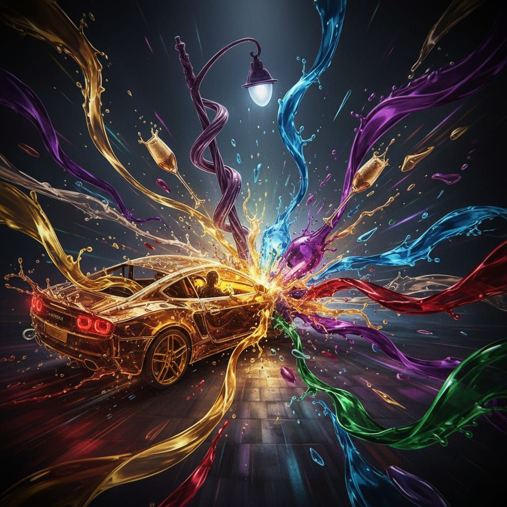 Surreal Liquid Car Crash in Hyper-Realistic Style