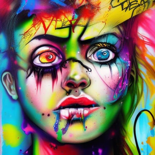 Disturbing Polychromatic Graffiti Art of Dishevelled Woman