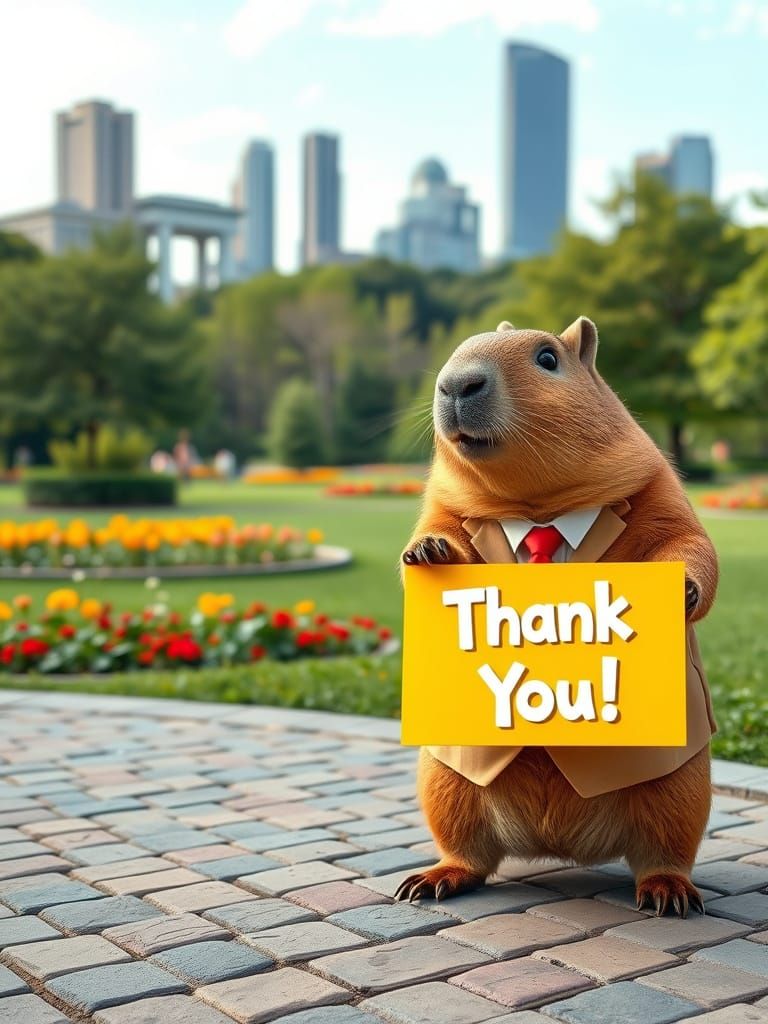 Capybara in Suit Holds "Thank You" Sign in Park
