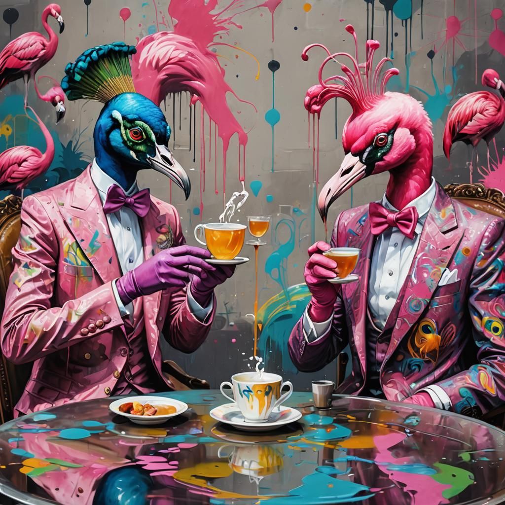 Gentleman Peacock and Flamingo Having Tea