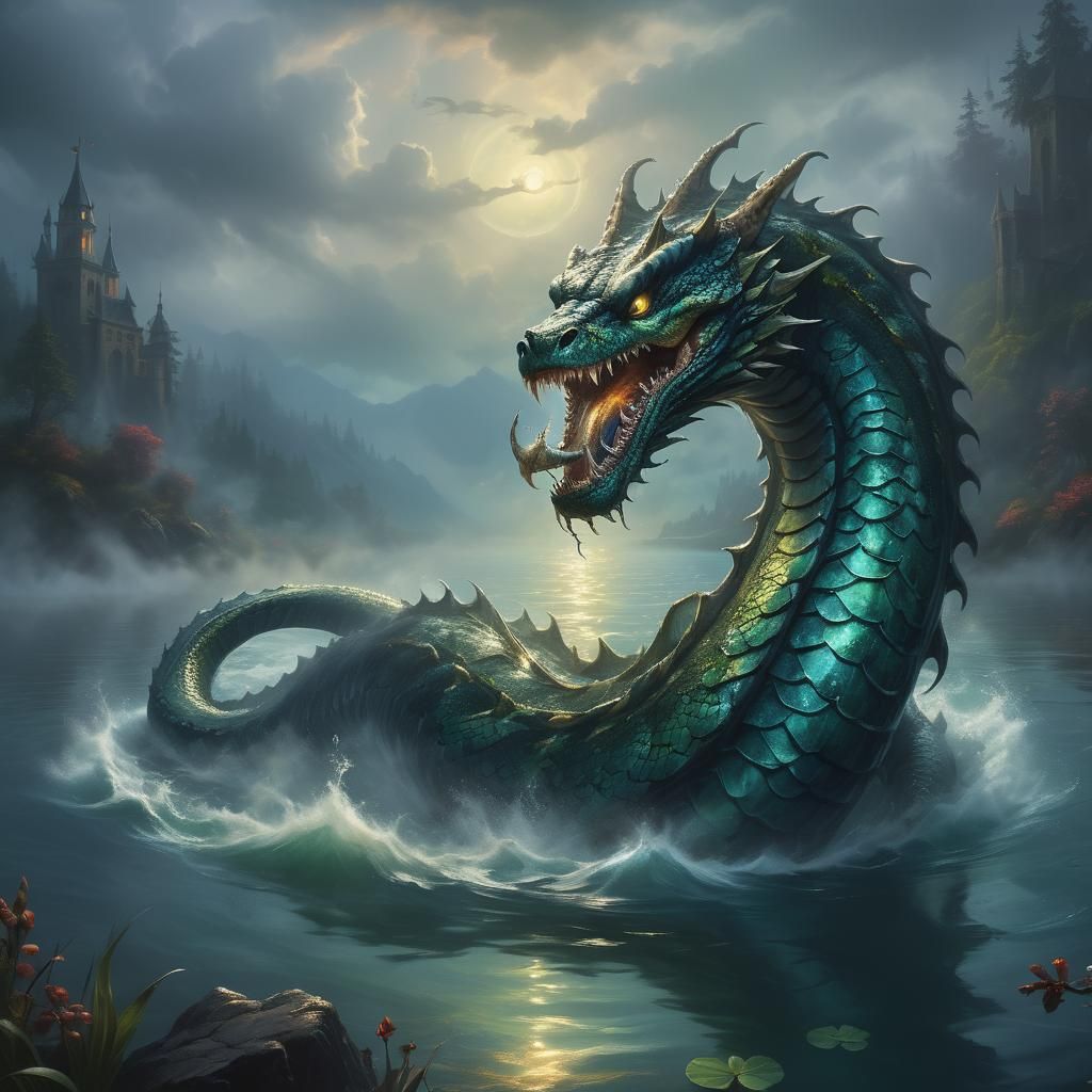 Vicious Sea Serpent in Misty Lake