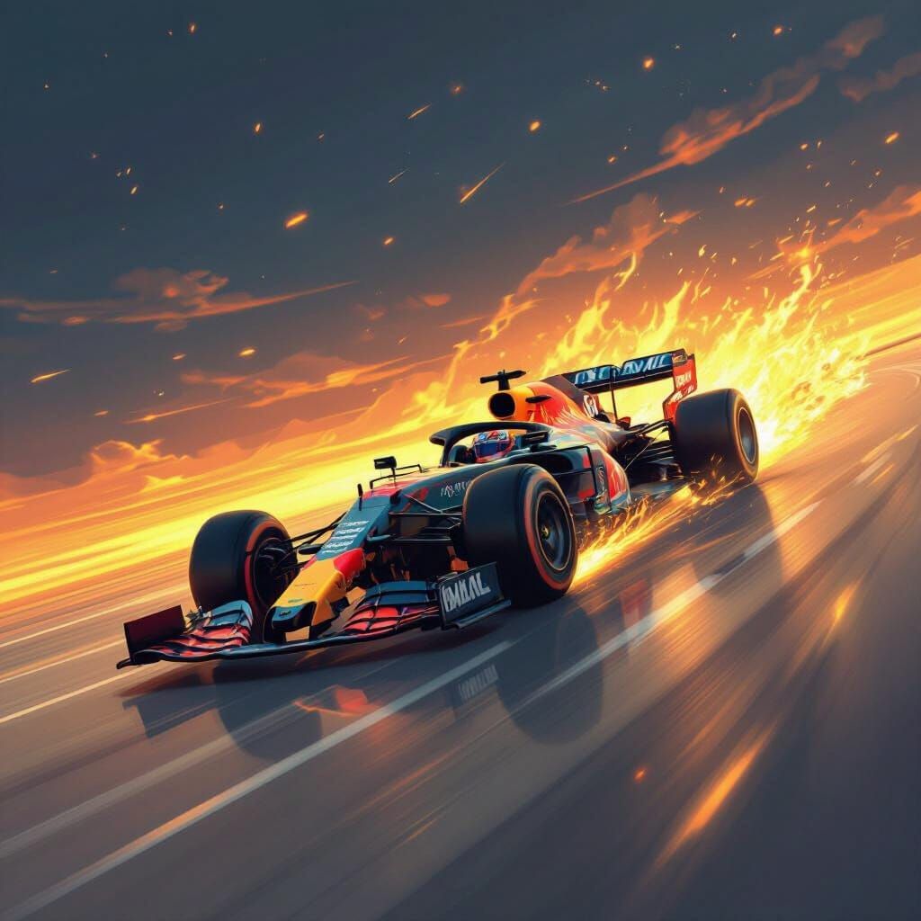 Formula 1 Car Races Across Fiery Sun Surface