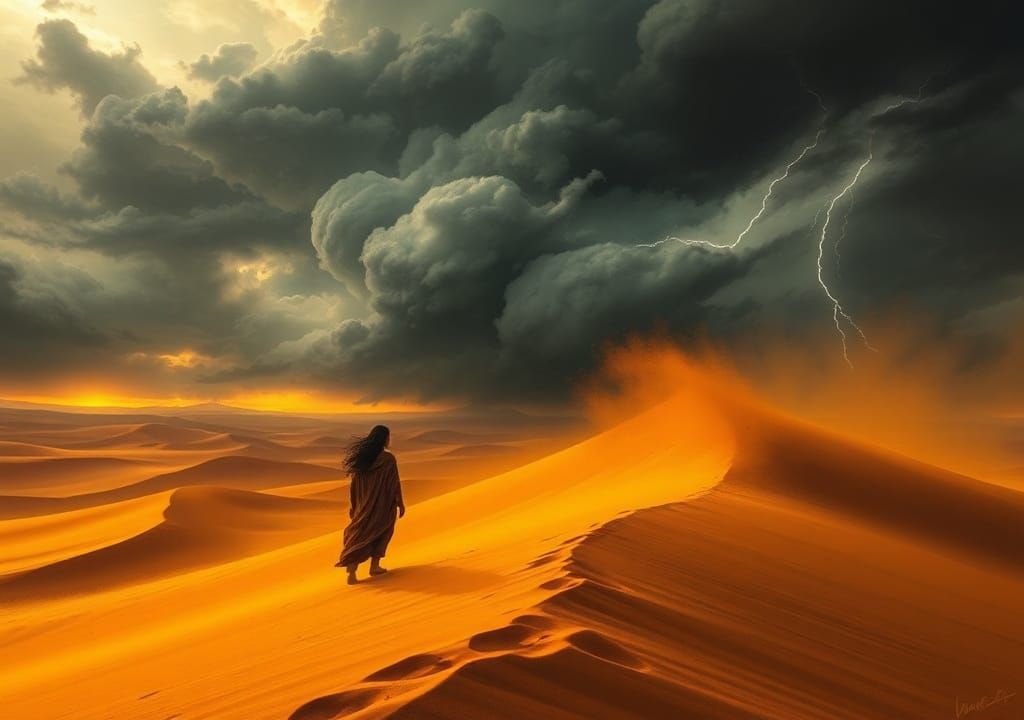 Amber Storm in Desert Sandstorm, Dramatic Landscape