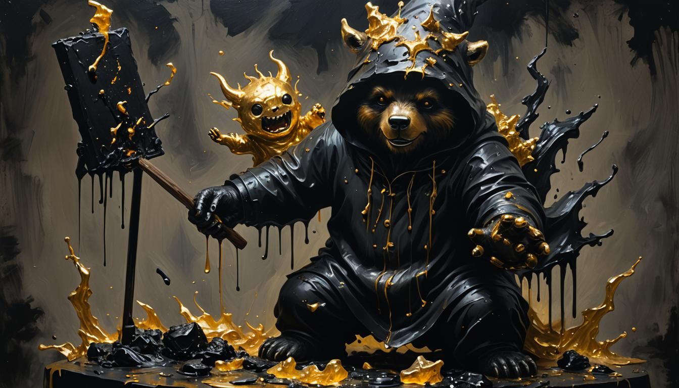 painting on an easel, a pitch black 
gummy bear wizard battl...